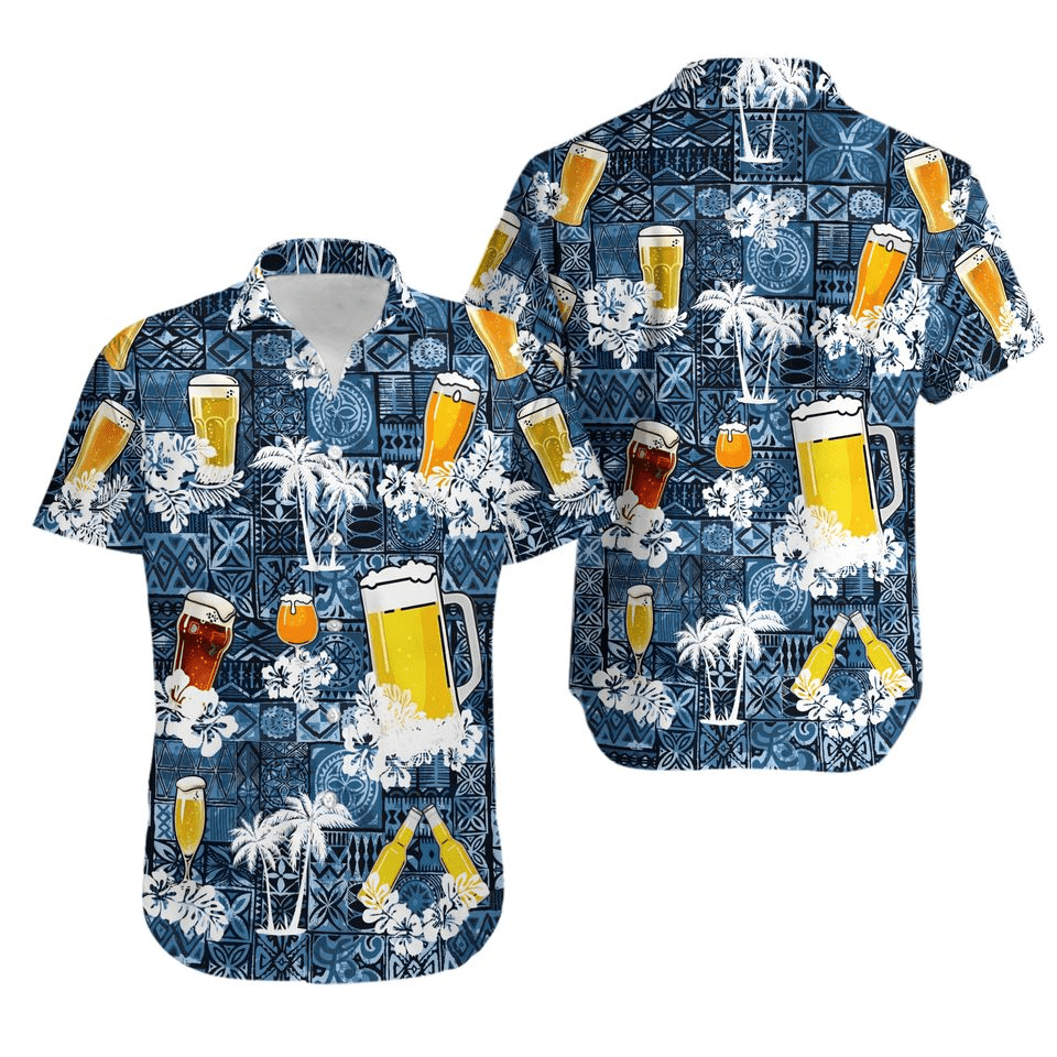 NoClaws Beer Hawaii Shirt Beer Mug Glass Tropical Palm Tree Pattern Hawaiian Shirt Blue Unisex