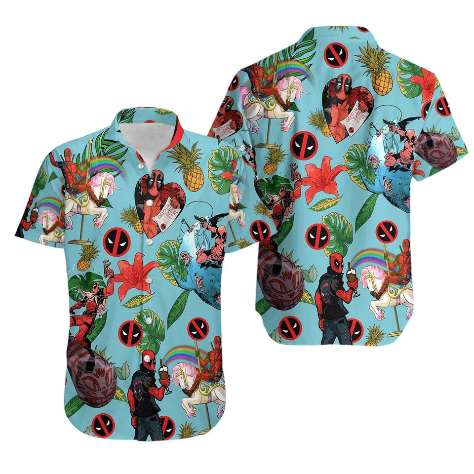 NoClaws NoClaws Deadpool Hawaii Shirt Marvel Funny Deadpool With Unicorn Ice Cream Pattern Hawaiian Shirt Blue Unisex