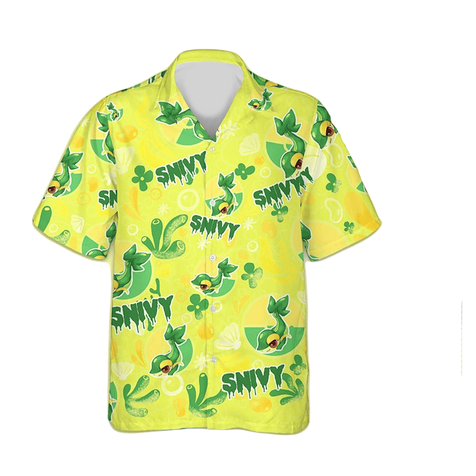 NoClaws Pokemon Hawaii Shirt Pokemon Snivy Graphic Pattern Aloha Shirt Yellow Unisex
