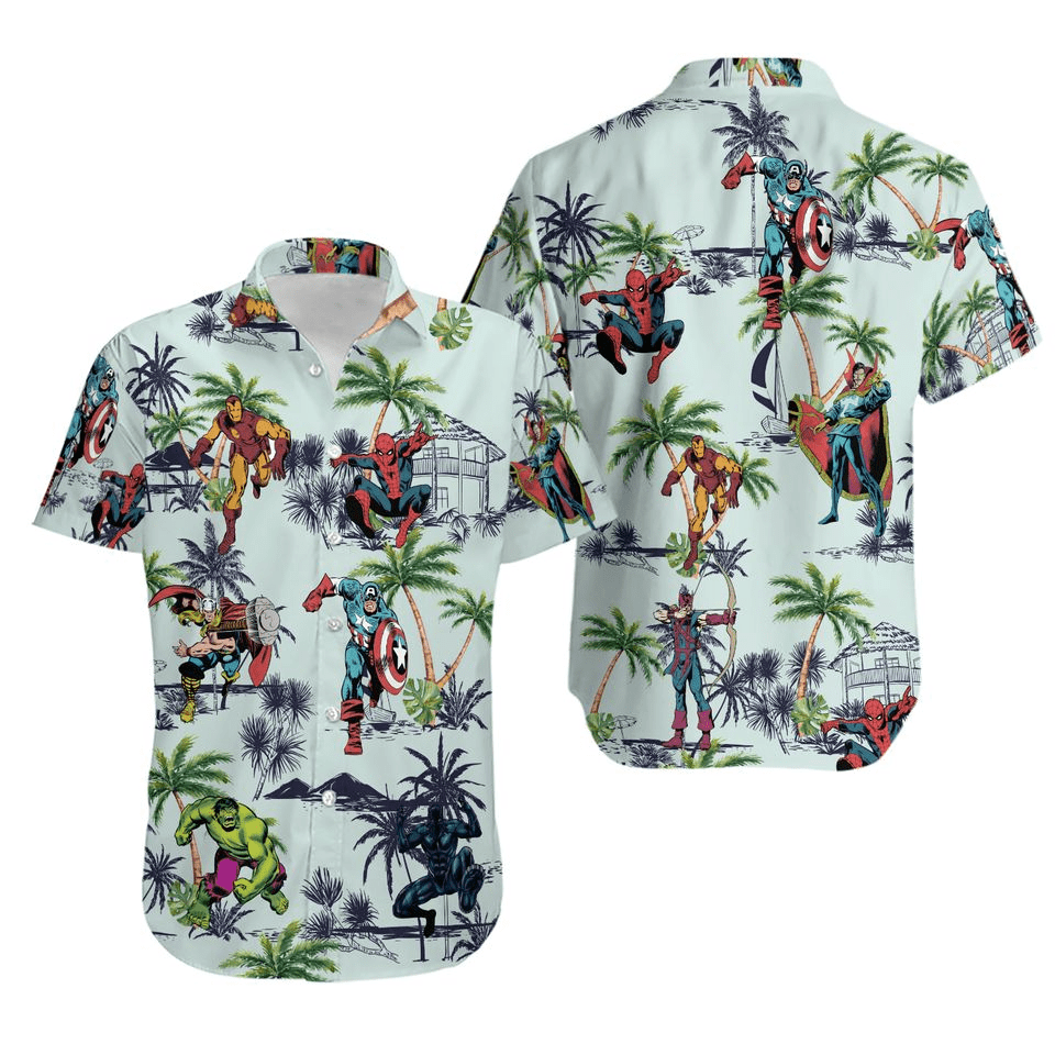 NoClaws NoClaws Marvel Hawaii Shirt Iron Man Thor Captain American Pattern Hawaiian Shirt Colorful Unisex