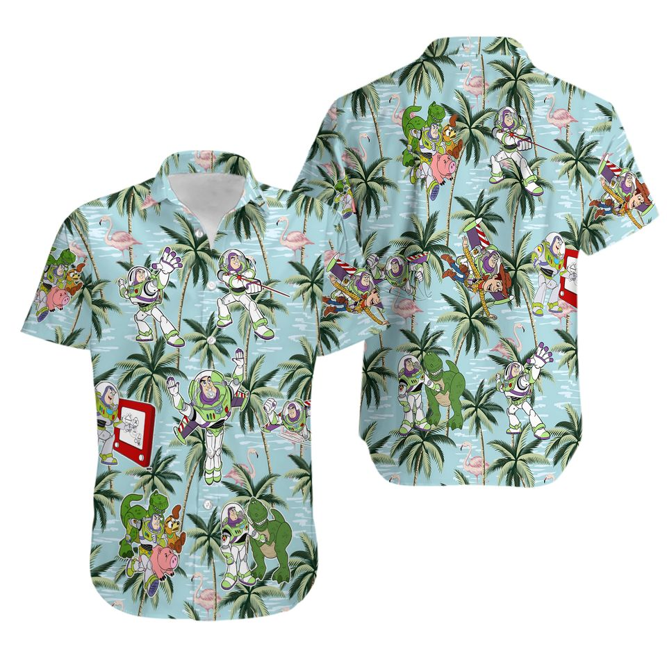 Toy Story Hawaii Shirt Disney Buzz Lightyear With Characters Tropical Pattern Hawaiian Shirt Blue Green Unisex