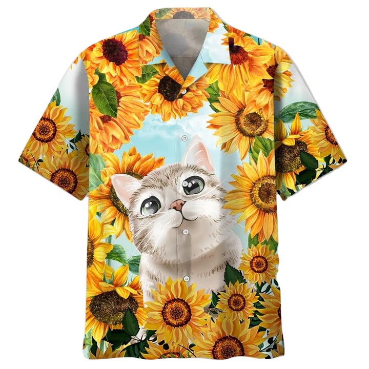 NoClaws Cat Hawaii Shirt Cat And Sunflower Pattern Hawaiian Shirt Yellow Unisex