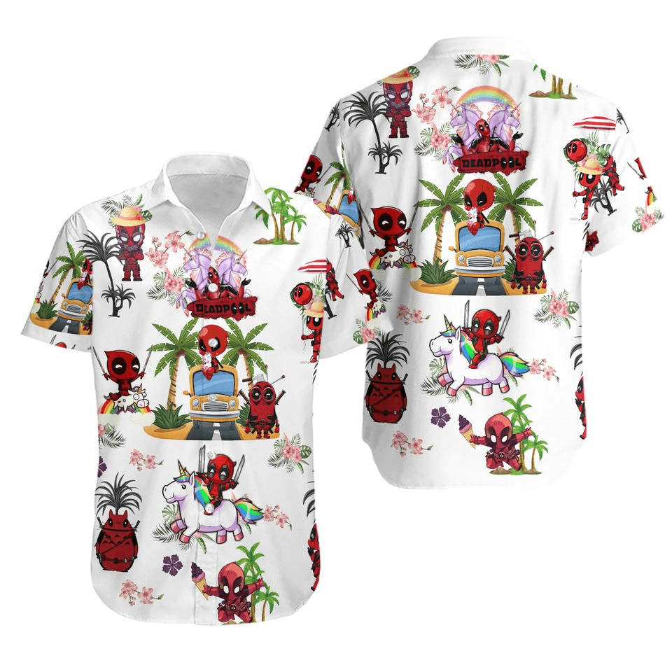 NoClaws NoClaws Deadpool Hawaii Shirt Marvel Chibi Cute Deadpool Summer Tropical Pattern Hawaiian Shirt White Red Unisex