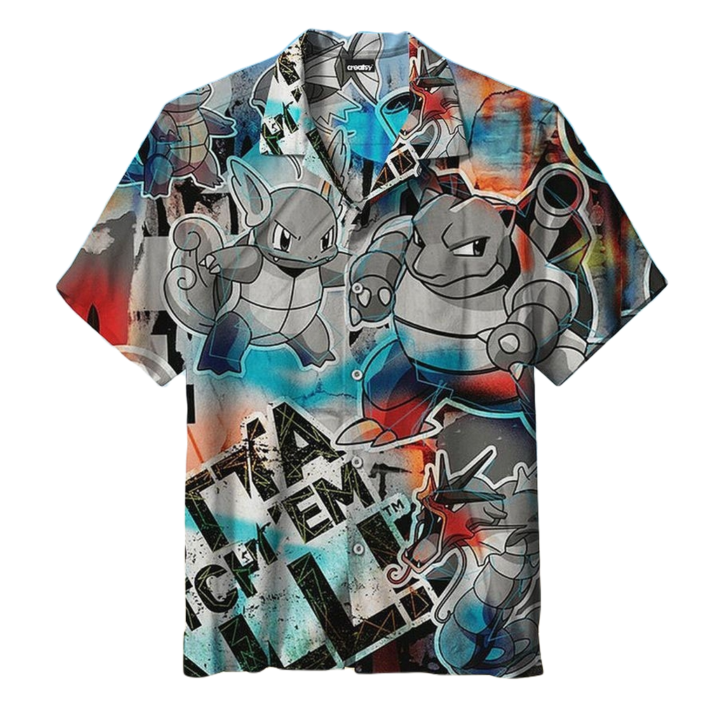 NoClaws Pokemon Hawaii Shirt Pokemon Squirtle Evolution Graffiti Aloha Shirt Gray Unisex