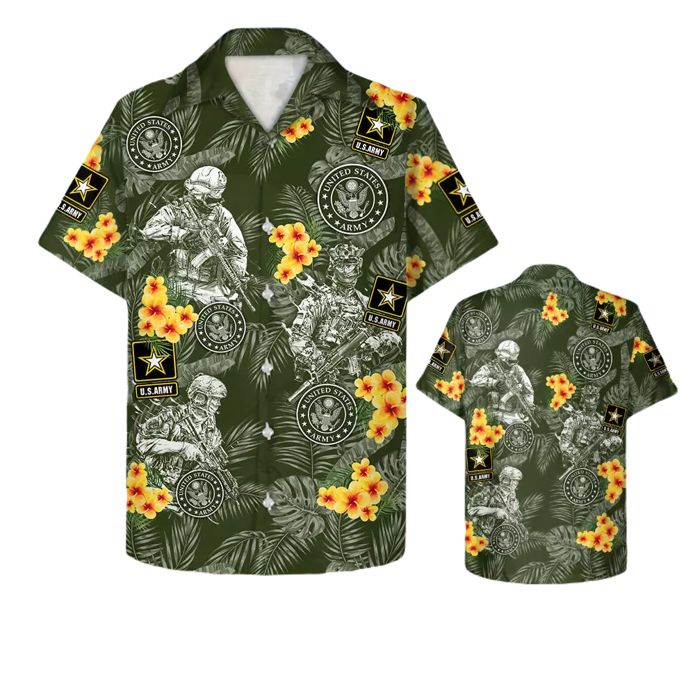 NoClaws Veteran Hawaii Shirt Floral Tropical Us Army Symbol Soldier Pattern Hawaiian Shirt Green Unisex