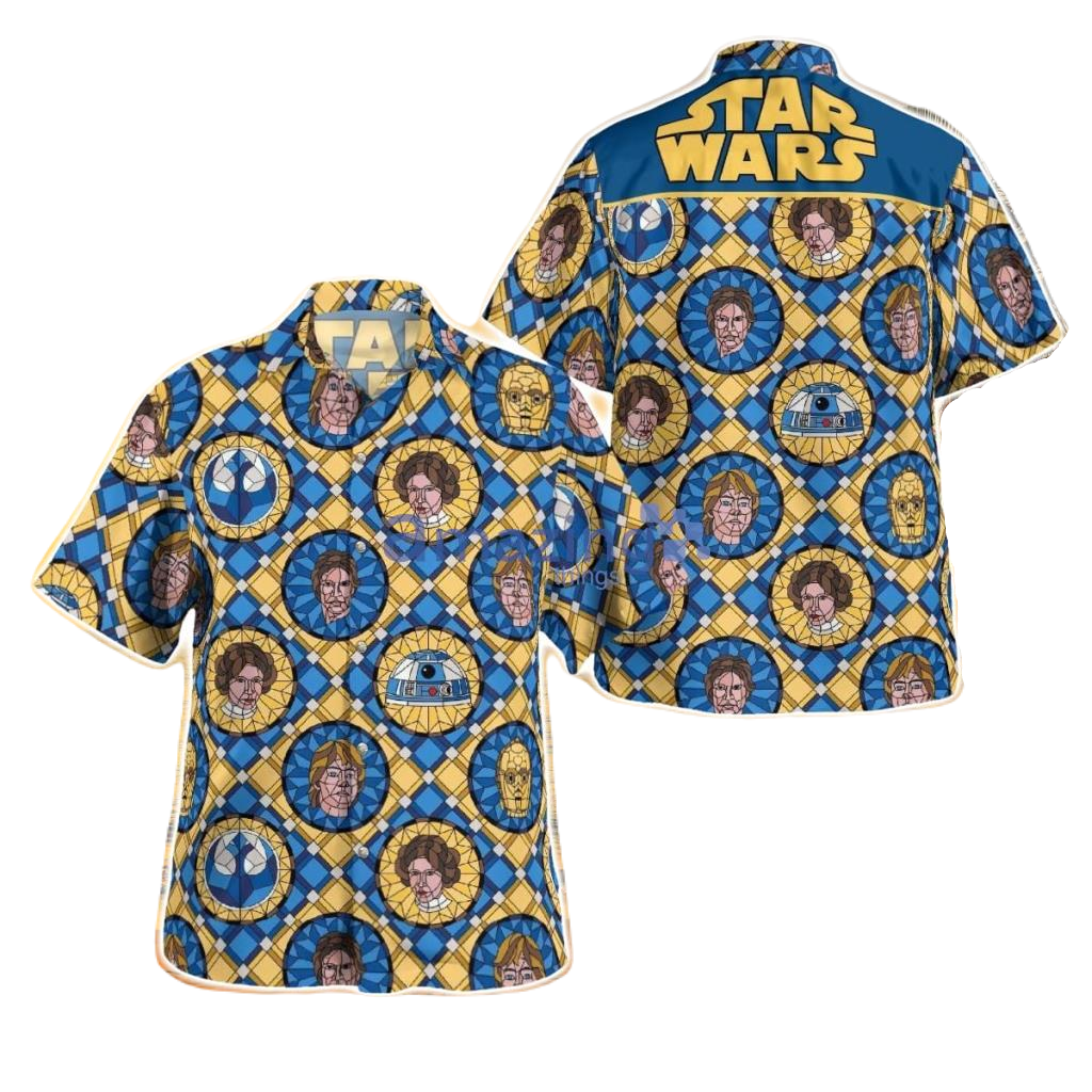 NoClaws Star Wars Hawaii Shirt Star Wars Characters Stained Glass Pattern Hawaiian Shirt Blue Yellow Unisex