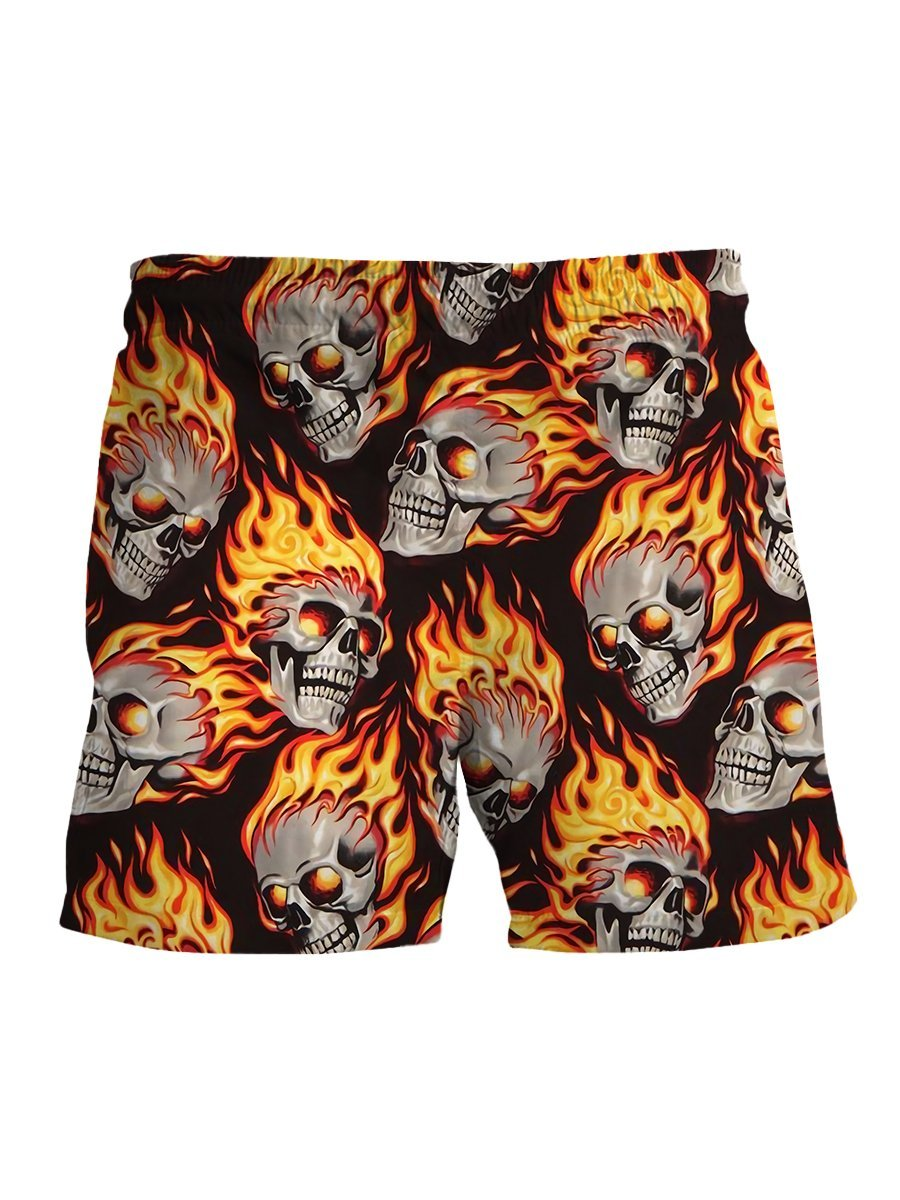 Skull Shorts Cool Skulls on Fire Pattern Beach Shorts Orange Black