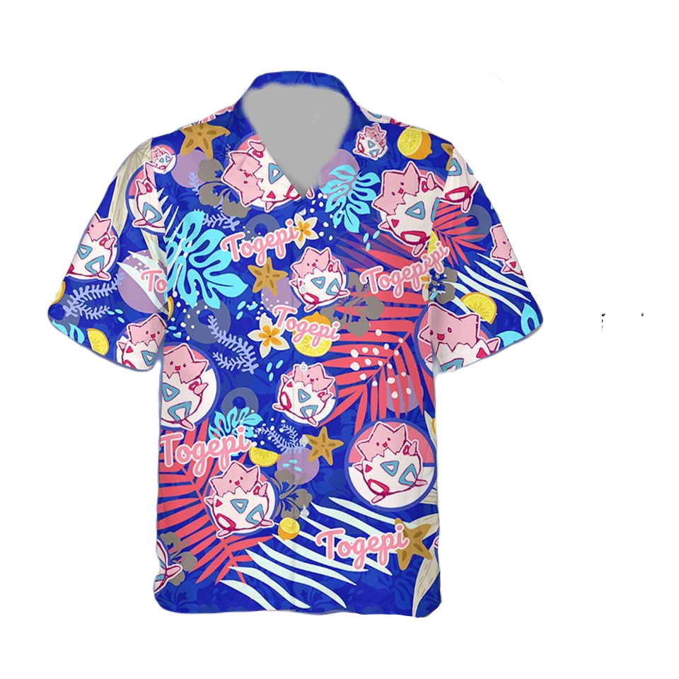 NoClaws Pokemon Hawaii Shirt Pokemon Togepi Lemon Pattern Aloha Shirt Blue Unisex