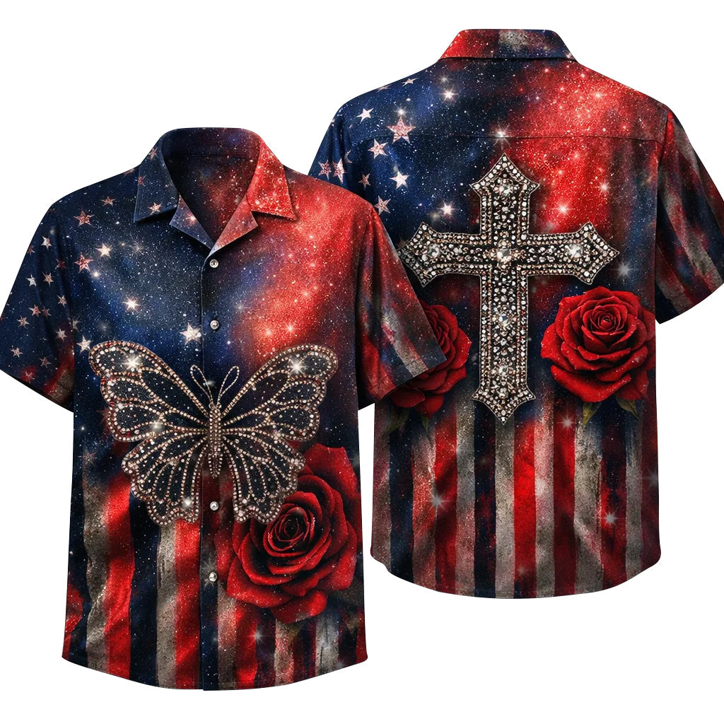 Christian Butterfly Cross American Flag Hawaiian Shirt Rose Patriotic Gift