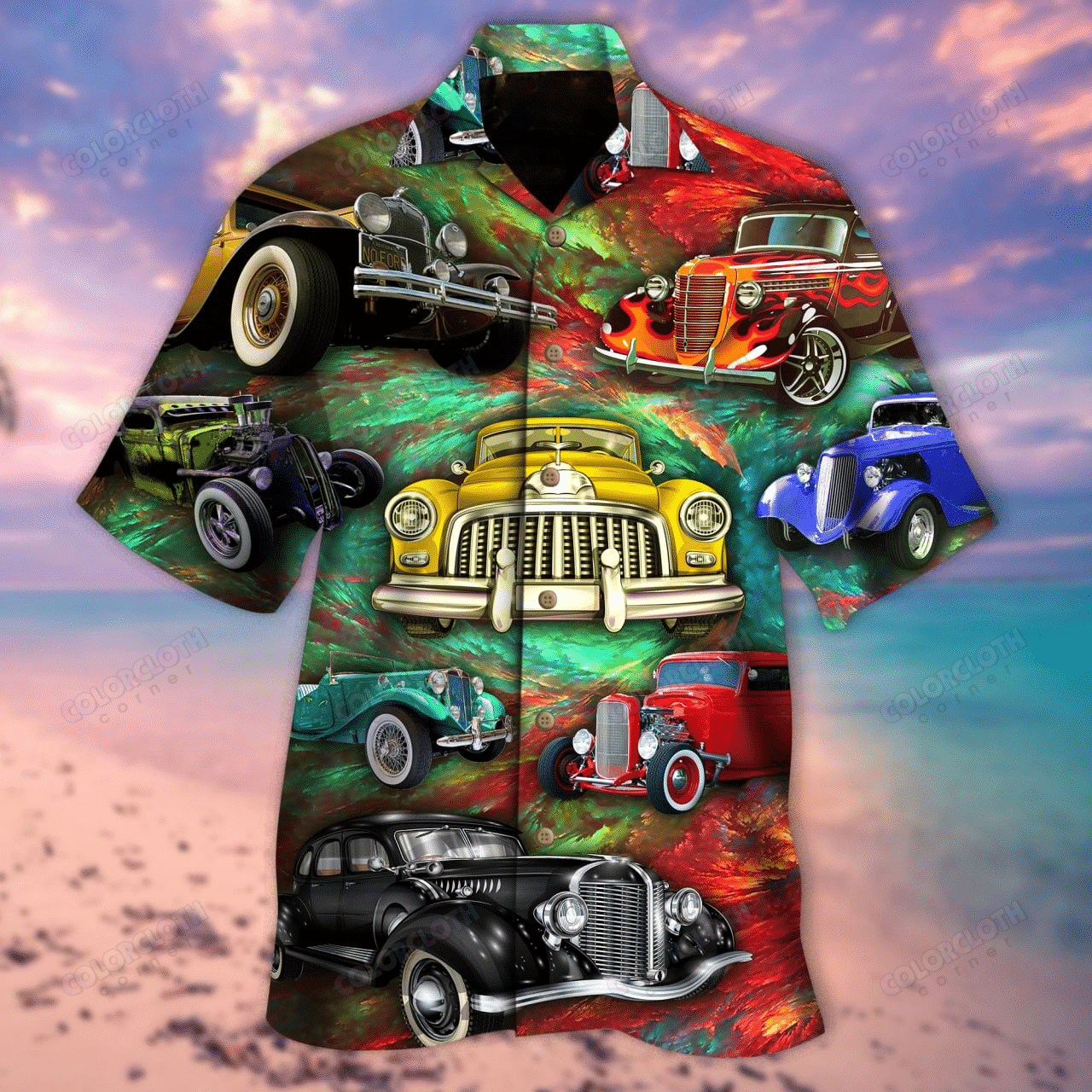 Hot Rod Hawaiian Shirt Hot Rod Oil Color Painting Colorful Hawaii Aloha Shirt
