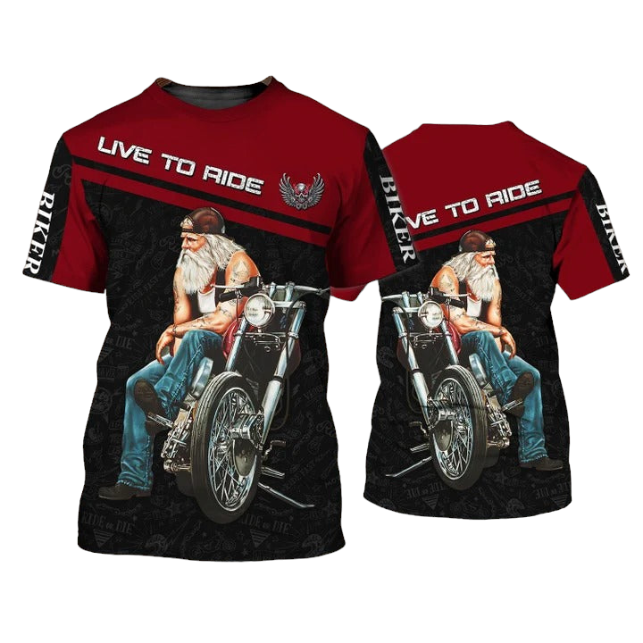 Motorcycle T-shirt Old Biker Live To Ride T-shirt Black Red Unisex