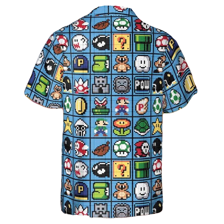 NoClaws Mario Hawaii Shirt Super Mario 8Bit Game Items Pattern Aloha Shirt Blue Unisex