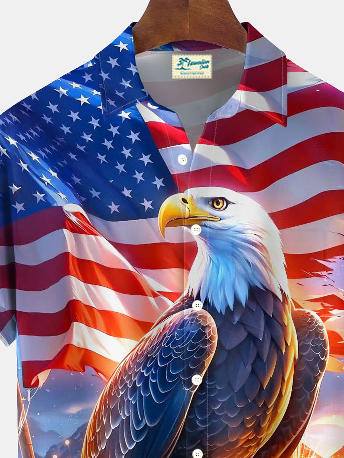 Alohadaddy® Retro Flag Bald Eagle Print Men's Button-Down Pocket Short-Sleeve Shirt Big & Tall