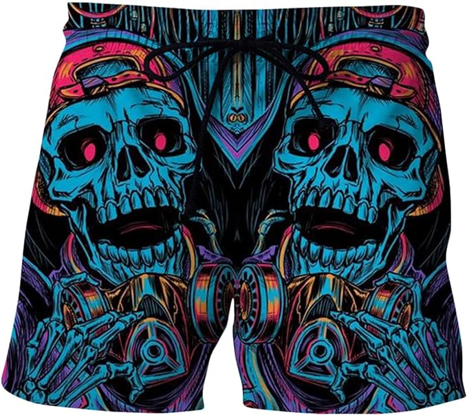 Skull Shorts Retro Skull with Hat Pattern Beach Shorts Black Blue