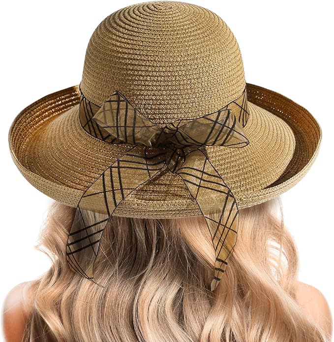 Beach Sun Hats for Women - Wide Brim Straw Womens Summer Hat with Wind Lanyard Roll Up
