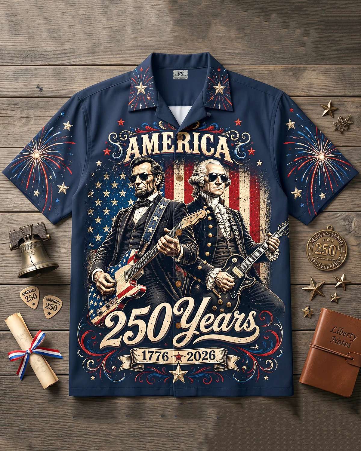 Alohadaddy® Retro Men's Short-Sleeve Cardigan Shirt 250th Anniversary of the USA Commemorative Print Art Button-Front with Pockets