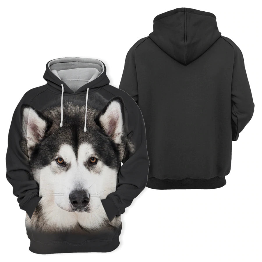 Dog Hoodie Alaskan Malamute Dog Face Graphic Hoodie Black White Unisex