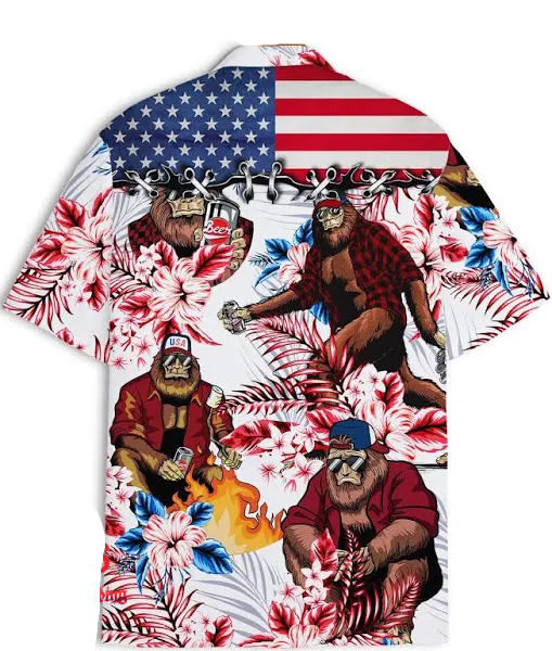 NoClaws Bigfoot Hawaii Shirt Bigfoot Beer American Flag Flower Pattern Hawaiian Shirt Colorful Unisex
