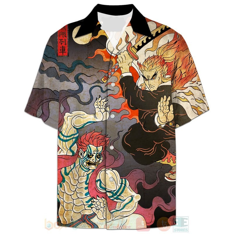 NoClaws NoClaws Demon Slayer Hawaii Shirt Rengoku Fights Akaza Japanese Style Hawaiian Shirt Colorful Unisex