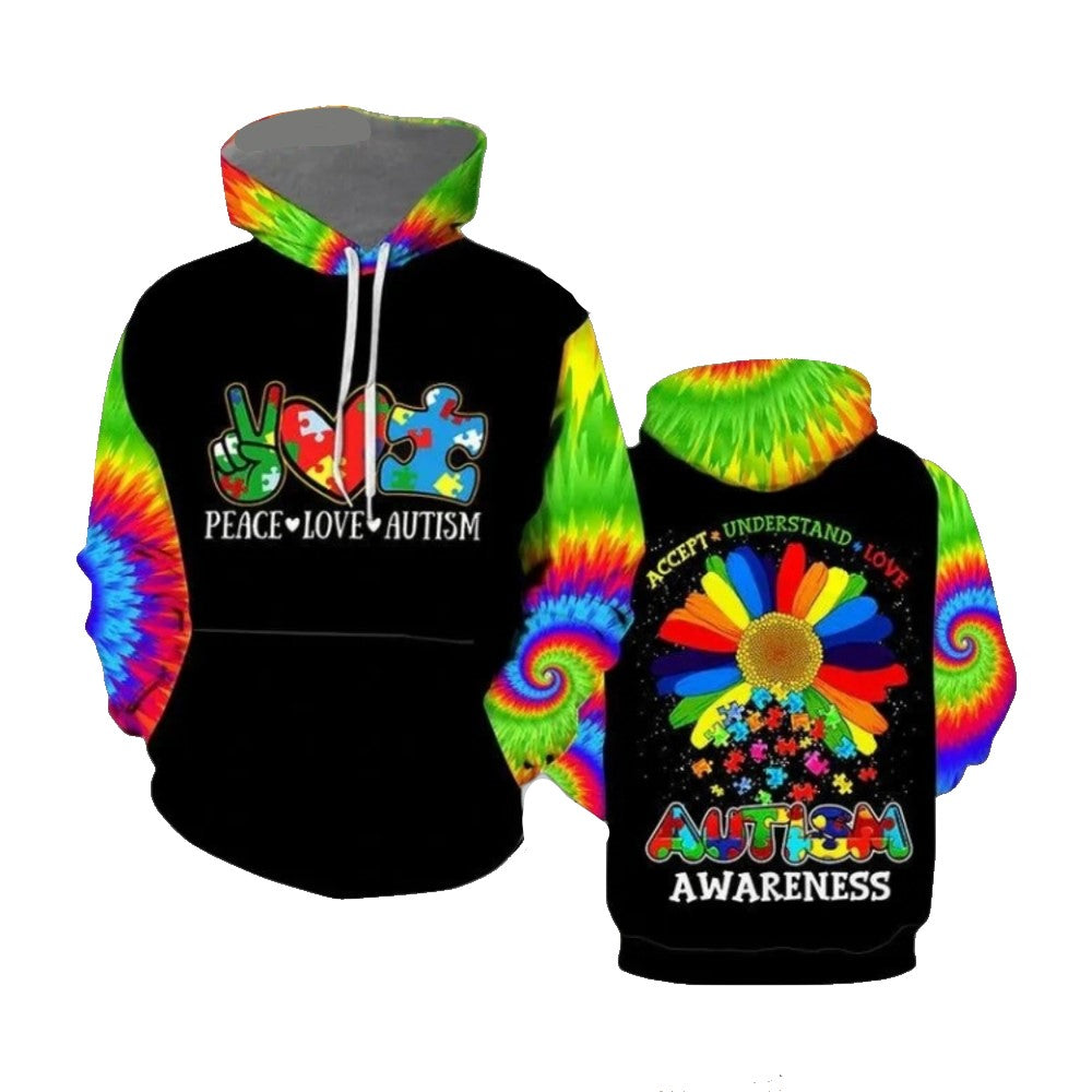 Autism Hoodie Peace Love Autism Awareness Puzzle Pieces Hoodie Colorful Unisex