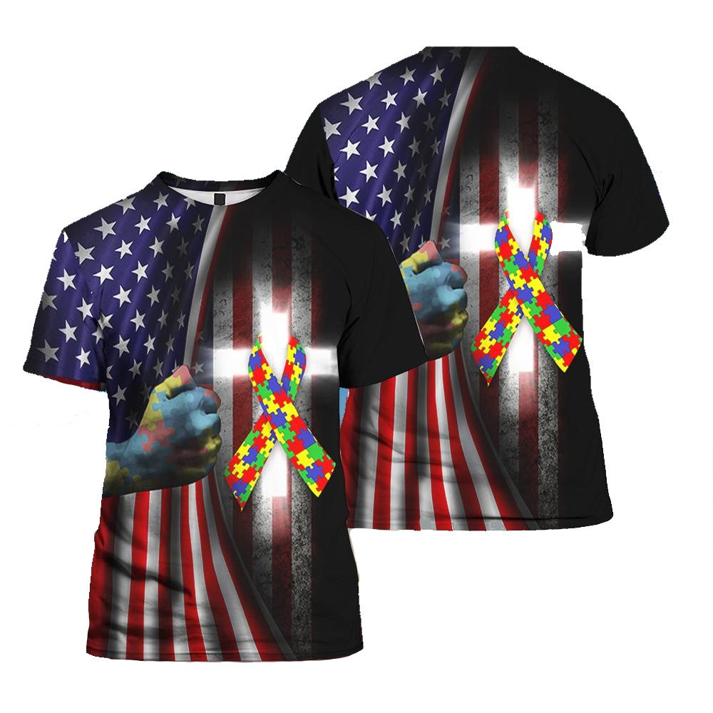 Autism T-shirt Autism Awareness Jesus Cross American Flag T-shirt Black Unisex