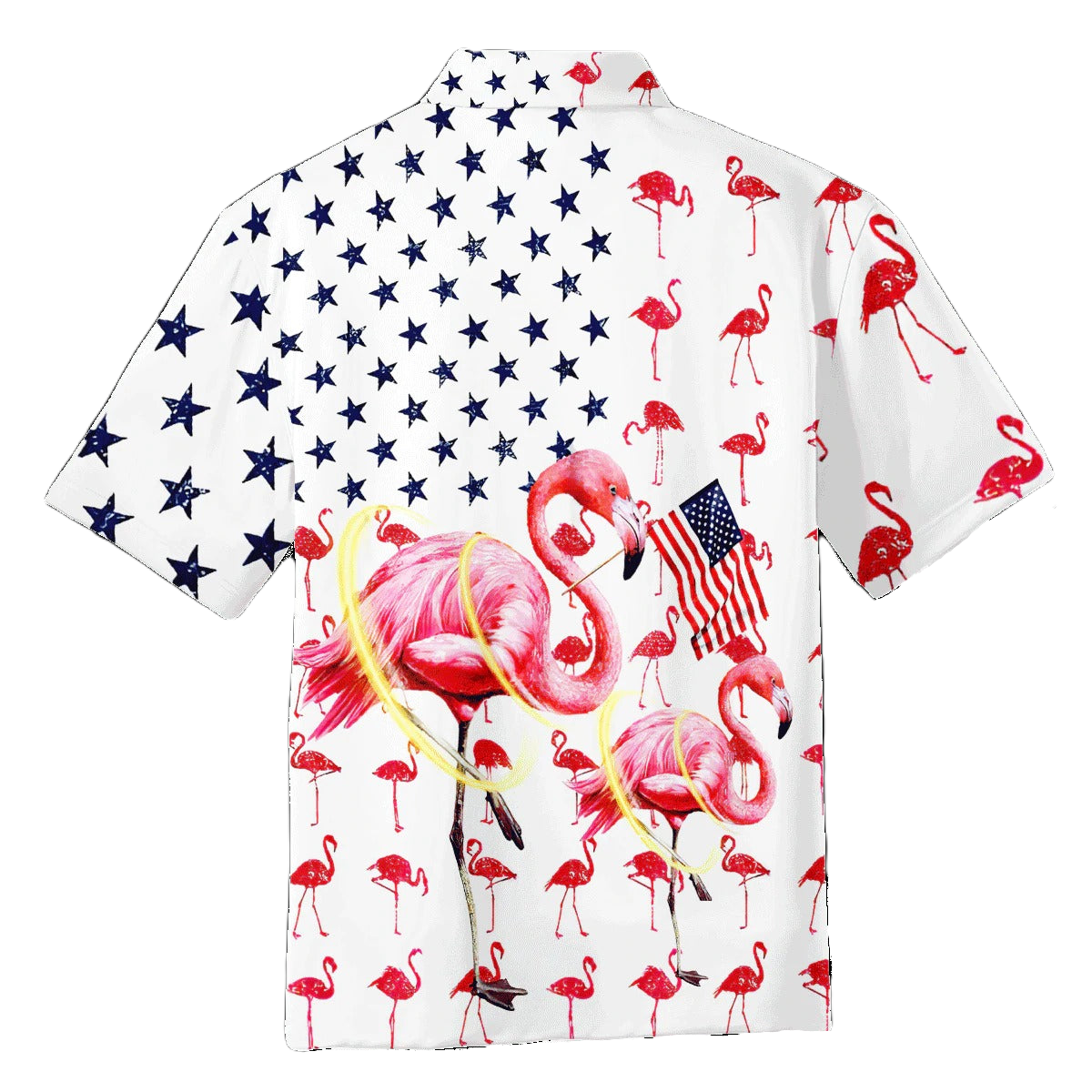 NoClaws Flamingo Hawaii Shirt Flamingo American Flag Pattern Hawaiian Shirt White Pink Unisex