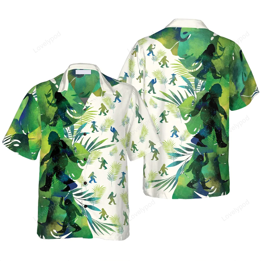 NoClaws Bigfoot Hawaii Shirt Bigfoot Silhouettes In Tropical Forest Hawaiian Shirt White Green Unisex