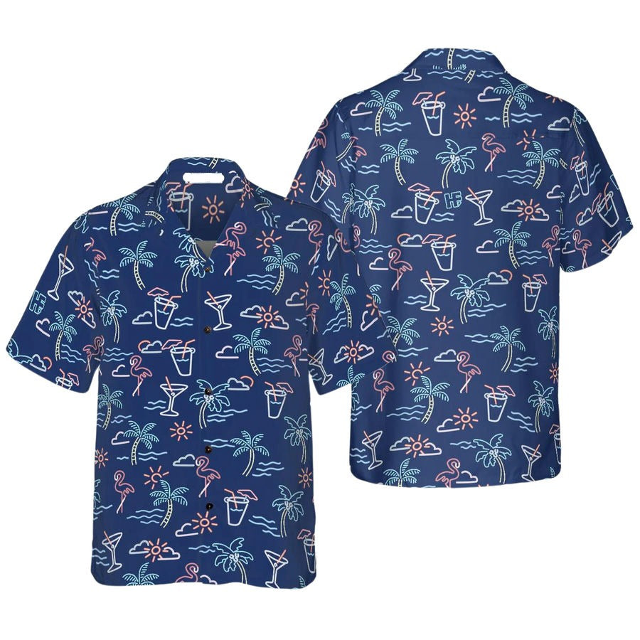 NoClaws Flamingo Hawaii Shirt Flamingo Palm Tree Beach Pattern Hawaiian Shirt Blue Unisex