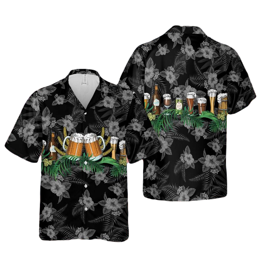 NoClaws Beer Hawaii Shirt All Types Of Beer Glass Flower Pattern Hawaiian Shirt Black Unisex