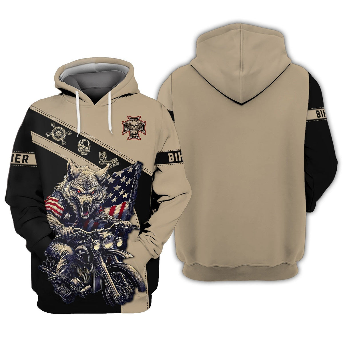 Motorcycle Hoodie Wolf Biker Graphic American Flag Hoodie Black Brown Unisex