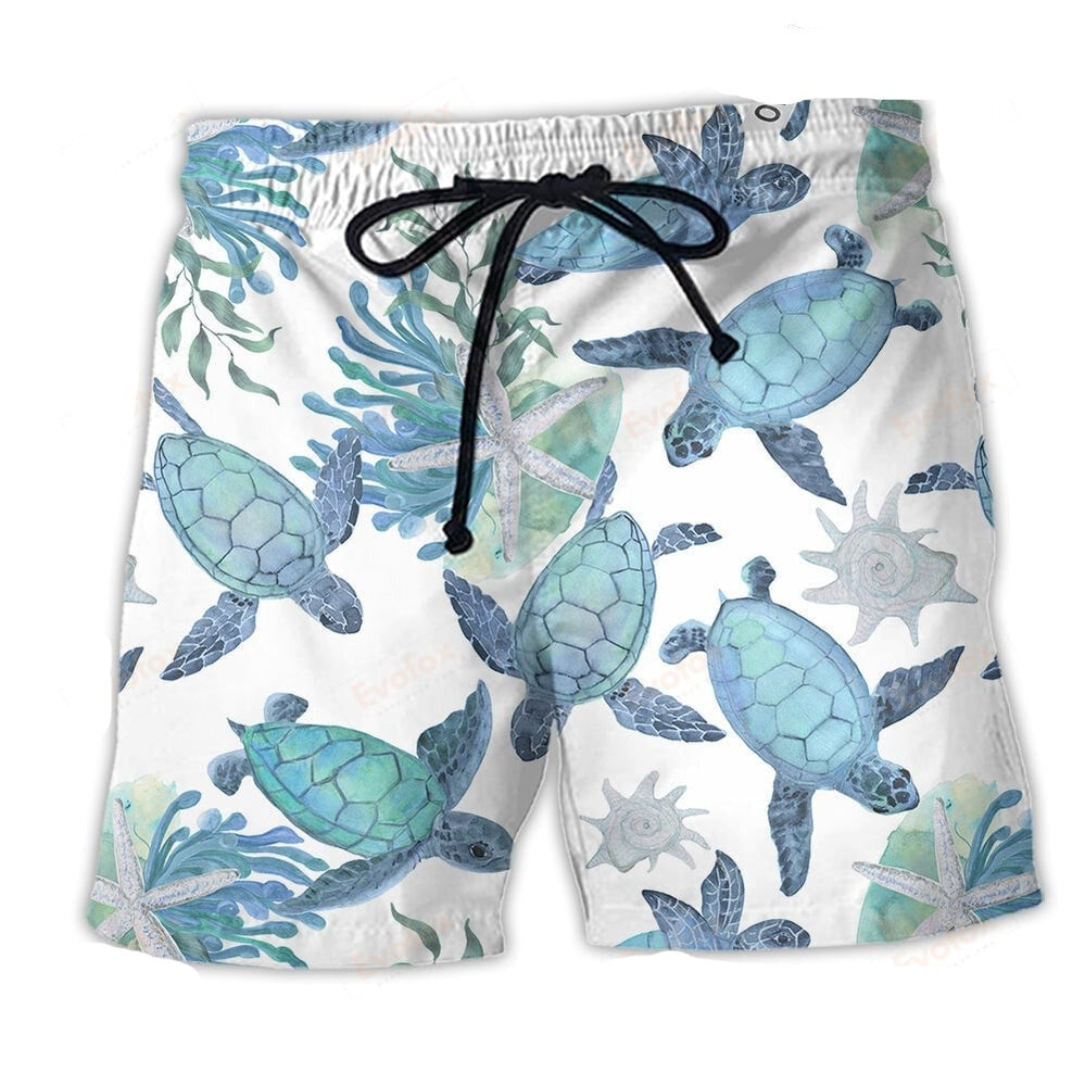 Turtle Shorts Turtle with Coral Starfish Pattern Beach Shorts White Blue