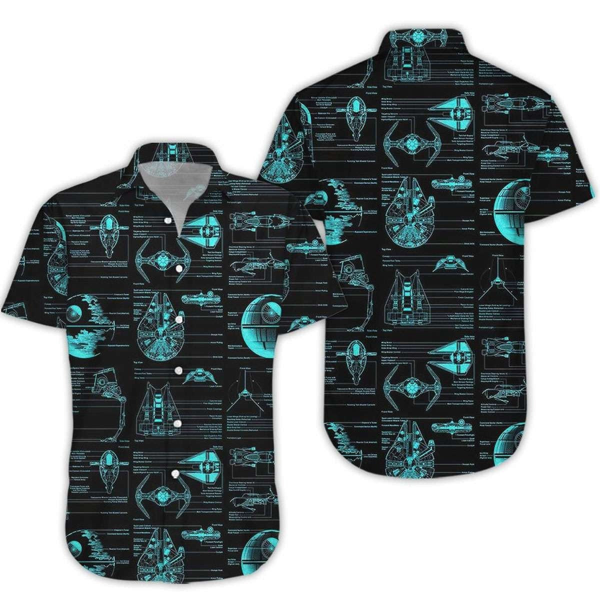 NoClaws Star Wars Hawaii Shirt Blueprint Drawings Of Spaceships Hawaiian Shirt Black Blue Unisex