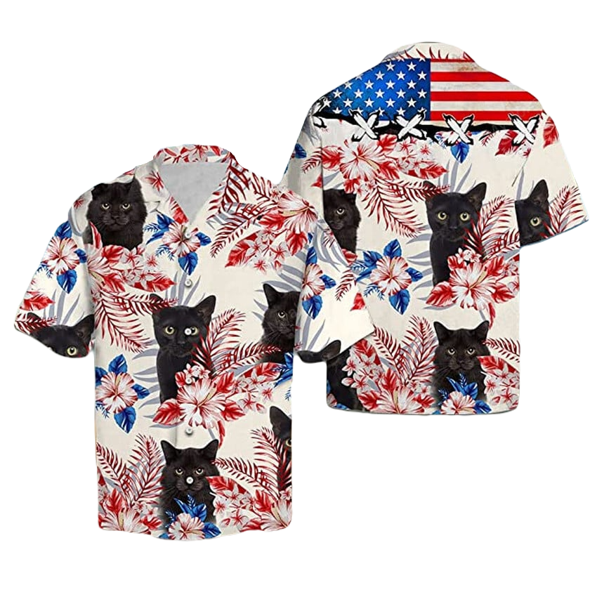 NoClaws Cat Hawaii Shirt Black Cat Hibiscus Flower American Flag Hawaiian Shirt Colorful Unisex