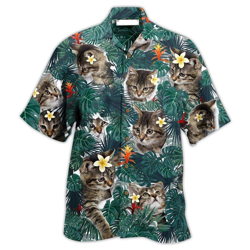 NoClaws Cat Hawaii Shirt Cute Kitten Tropical Flower Pattern Hawaiian Shirt Green Unisex