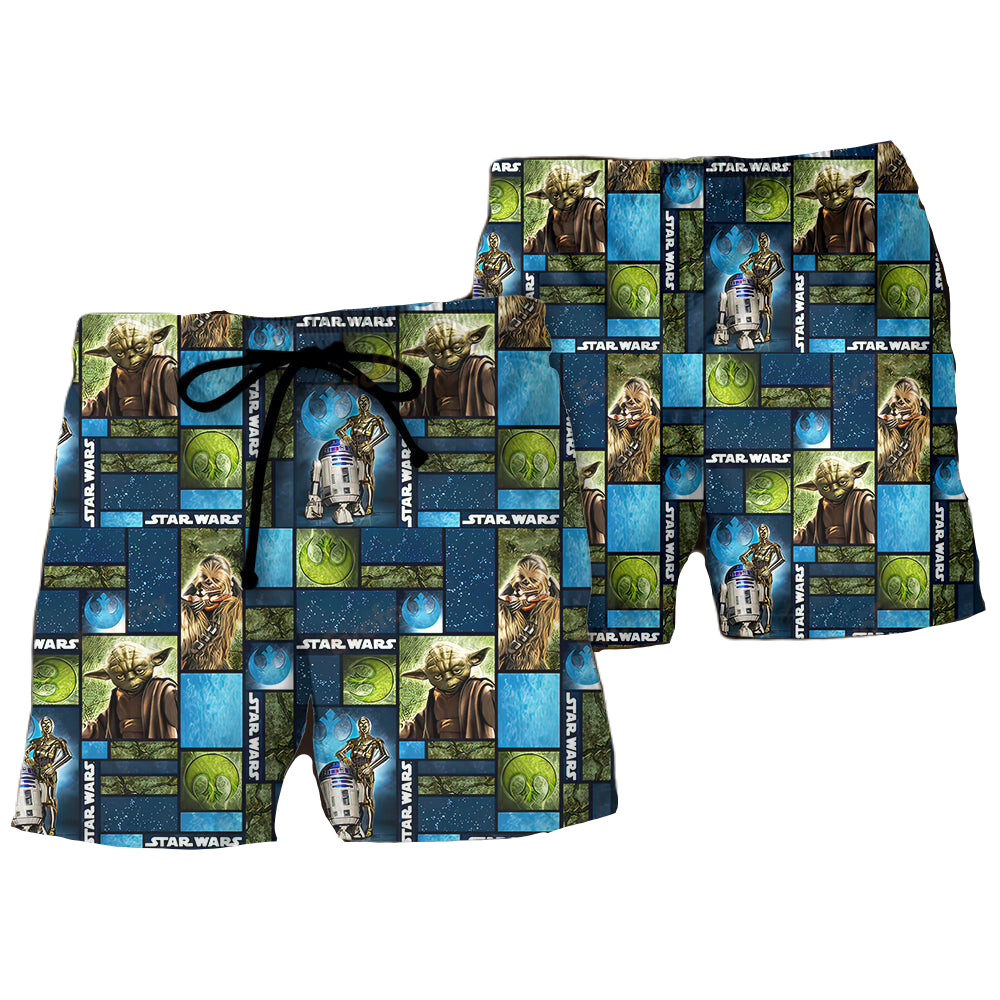 Starwars Shorts Starwars Chewie R2-D2 C-3Po Pattern Beach Shorts Blue Green