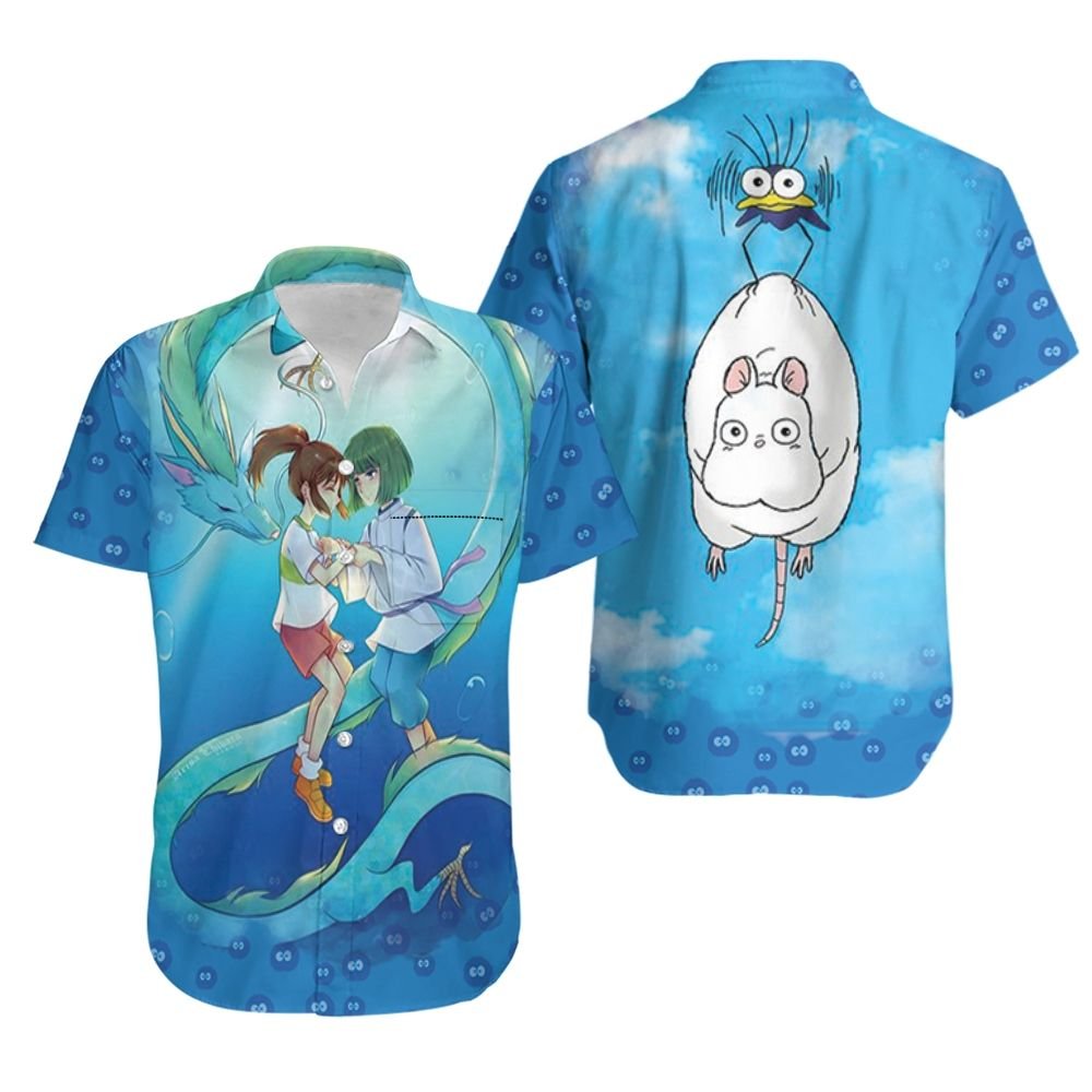 NoClaws Studio Ghibli Hawaii Shirt Chihiro Kohaku Boh Mouse Graphic Hawaiian Shirt Blue Unisex