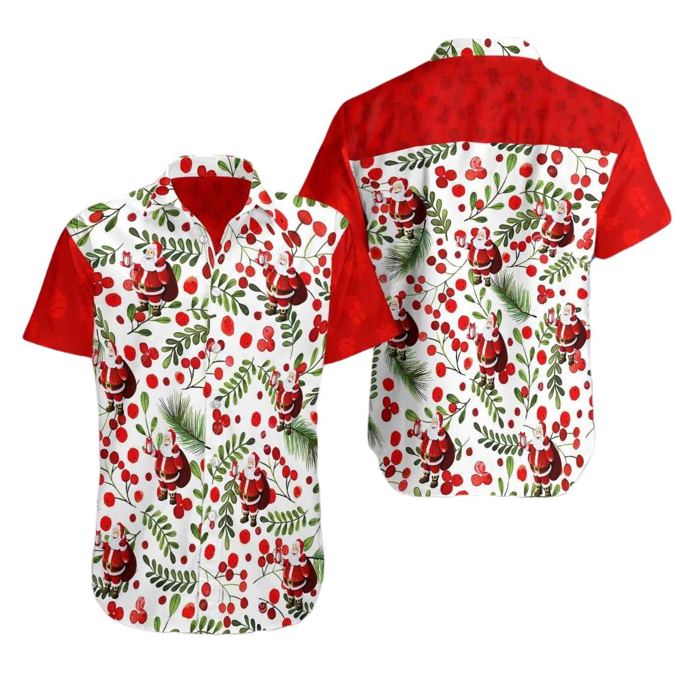 NoClaws Christmas Hawaii Shirt Christmas Santa Claus And Mistletoe Pattern Hawaiian Shirt White Red Unisex