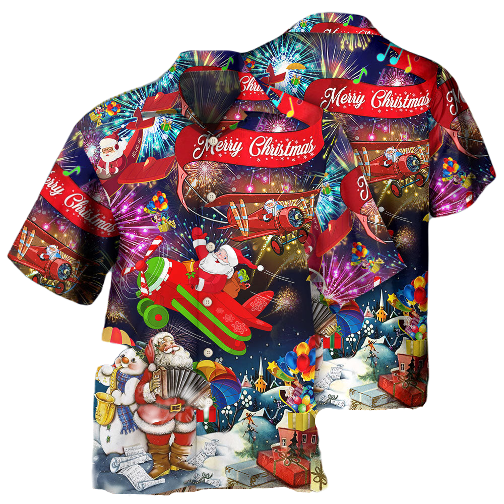 NoClaws Christmas Hawaii Shirt Santa On Plane Fireworks Christmas Hawaiian Shirt Colorful Unisex