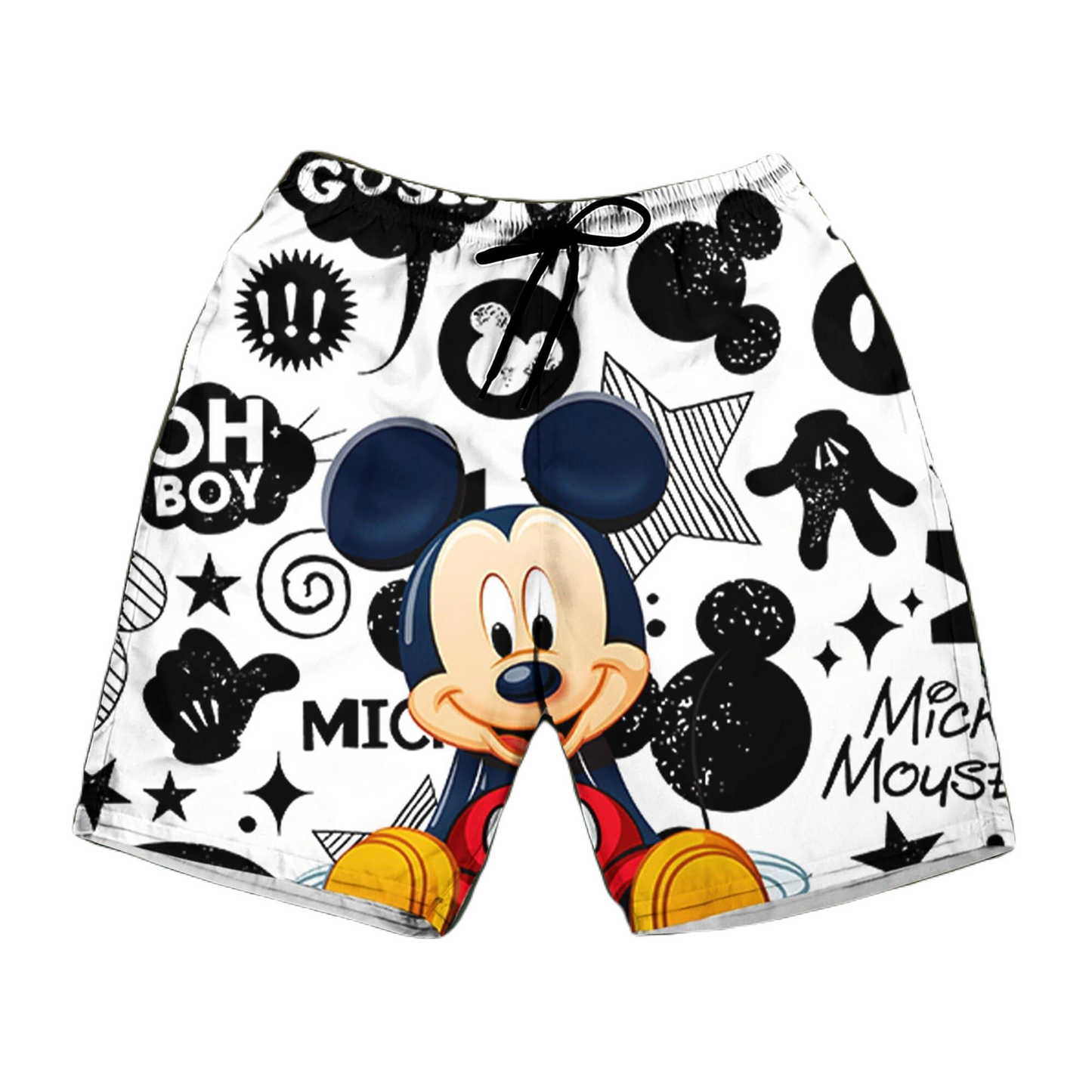 Mickey Mouse Shorts Mickey Mouse Sitting Mouse Head Stars Pattern Beach Shorts Black White