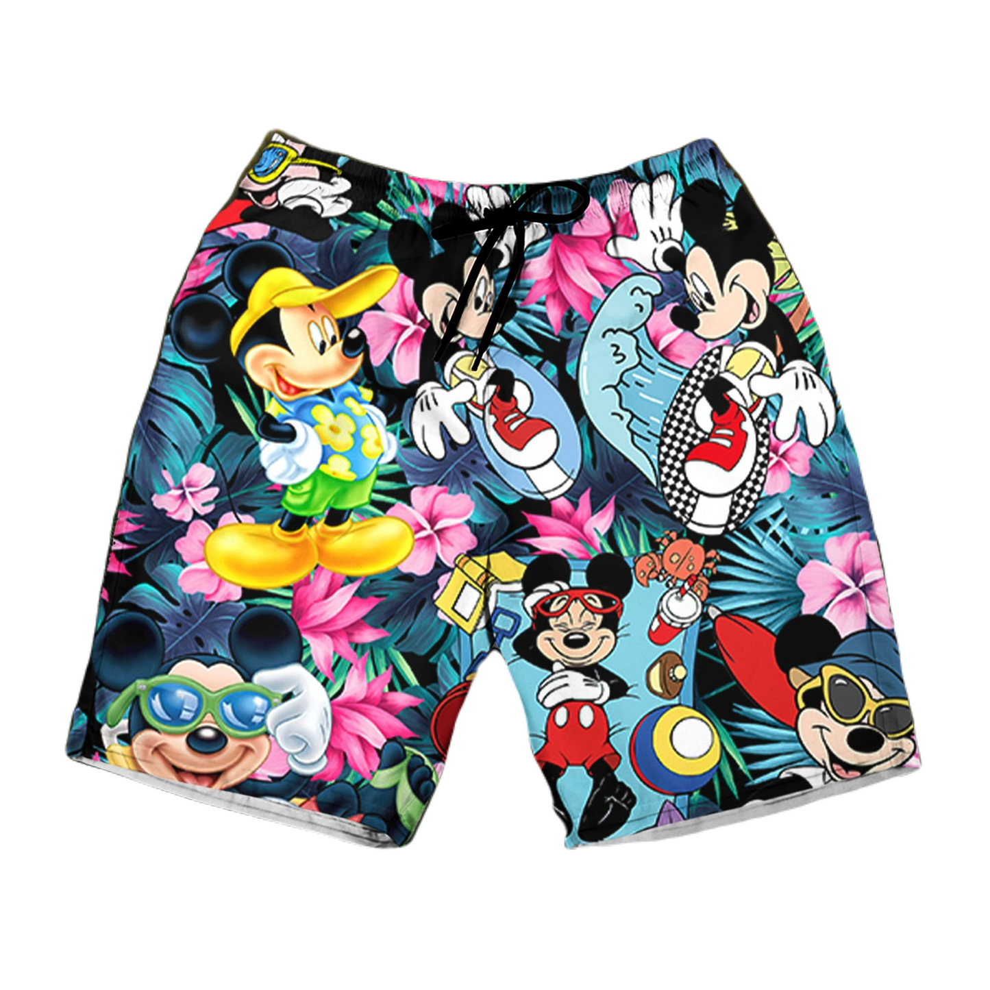 Mickey Mouse Shorts Disney Mickey Mouse Poses Tropical Hibiscus Flowers Beach Shorts Green