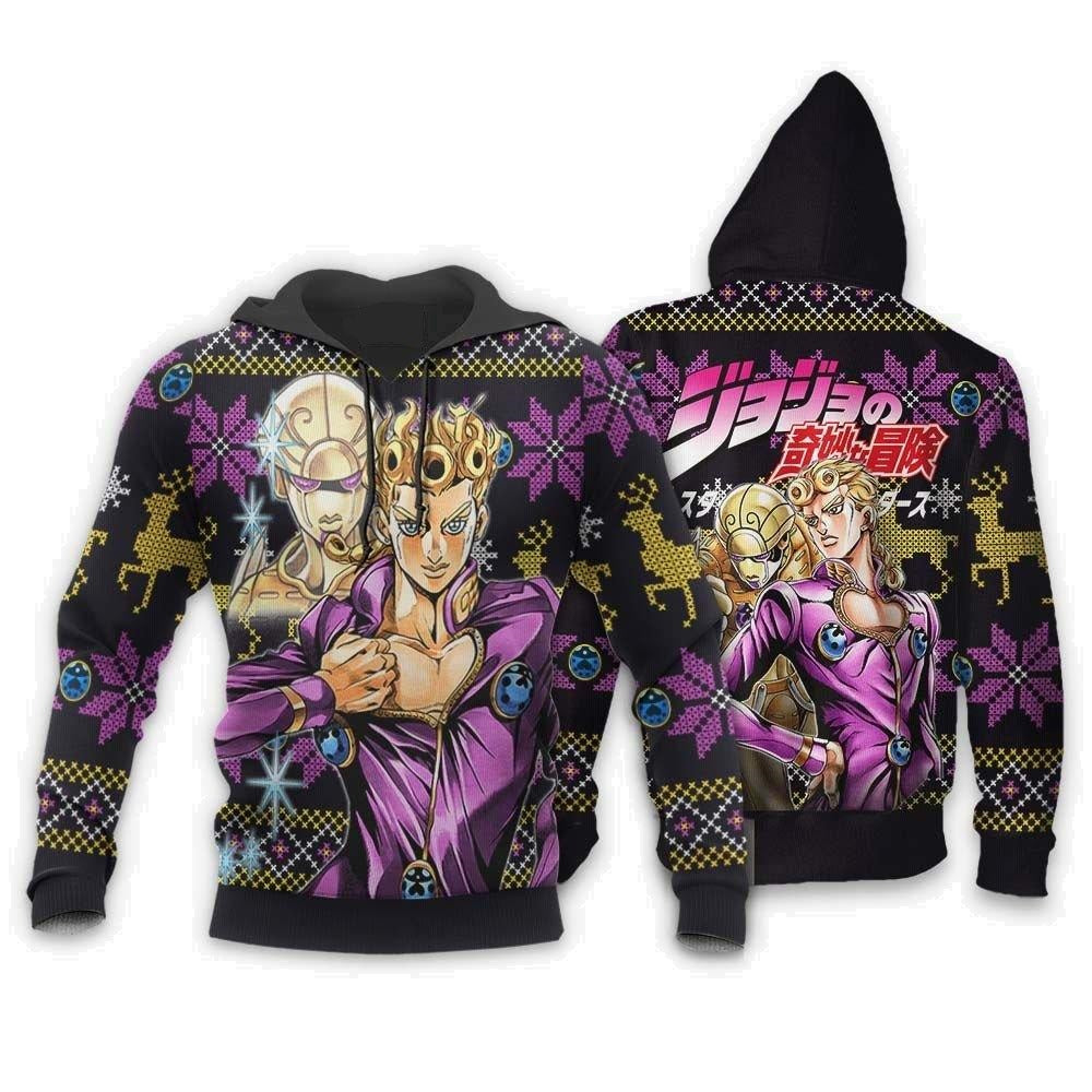 JoJos Bizarre Adventure Hoodie Giorno Giovanna Graphic Christmas Pattern Hoodie Black Purple Unisex