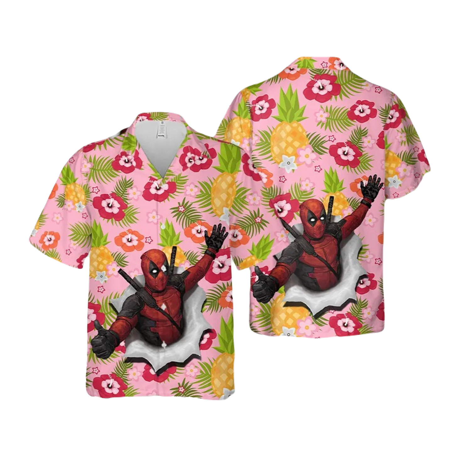 NoClaws Deadpool Hawaii Shirt Marvel Deadpool With Pineapples Leaves Pattern Hawaiian Shirt Pink Unisex