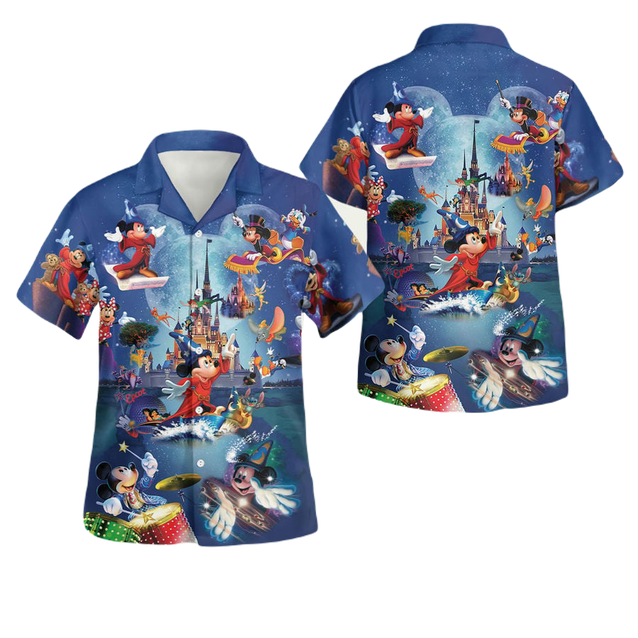 NoClaws MM Hawaii Shirt Disney Wizard MM Disney Castle Graphic Hawaiian Shirt Blue Unisex