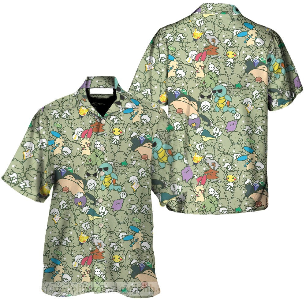 NoClaws Pokemon Hawaii Shirt All Pokemon Graphic Doodle Pattern Aloha Shirt Green Unisex