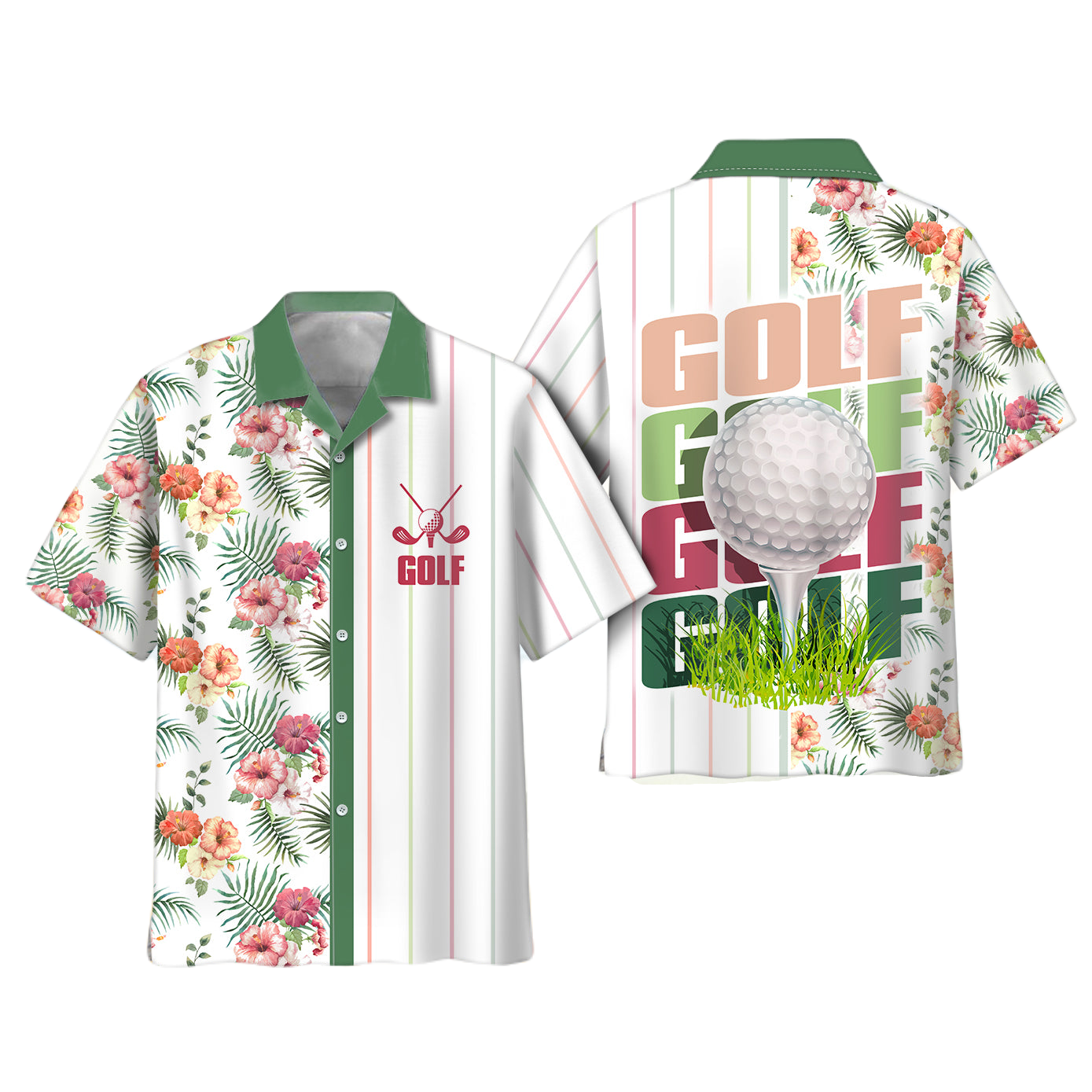 NoClaws Golf Hawaii Shirt Golf Hibiscus Flower Pattern Hawaiian Shirt White Green Unisex