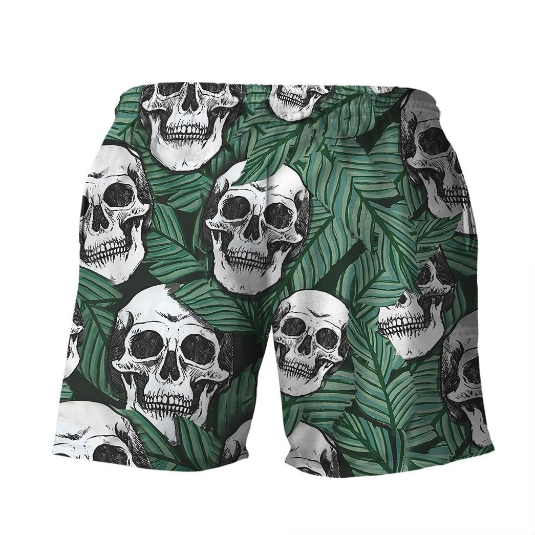 Skull Shorts Skull and Tropical Leaf Pattern Beach Shorts White Green
