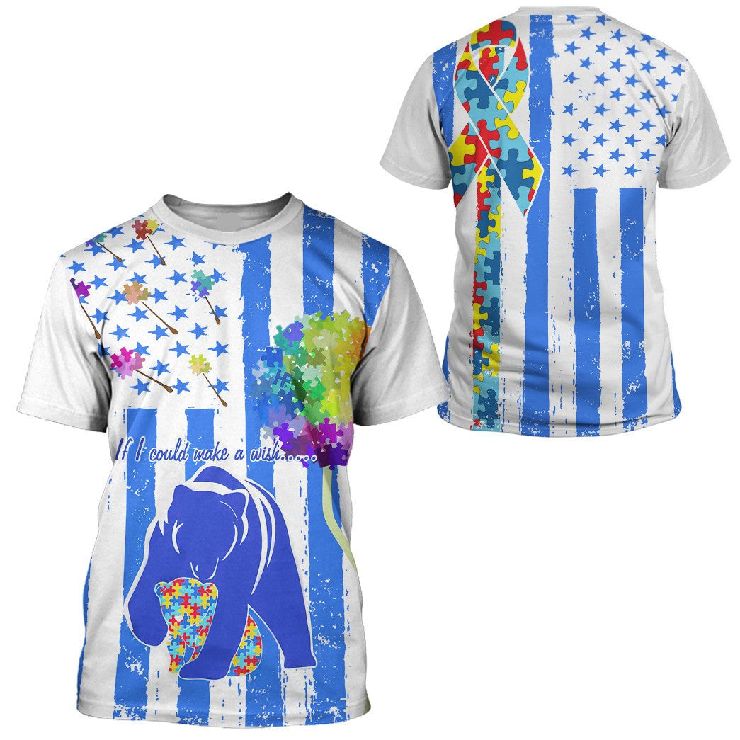 Autism Hoodie If I Could Make A Wish Flag And Bear T-shirt Whie Blue Unisex
