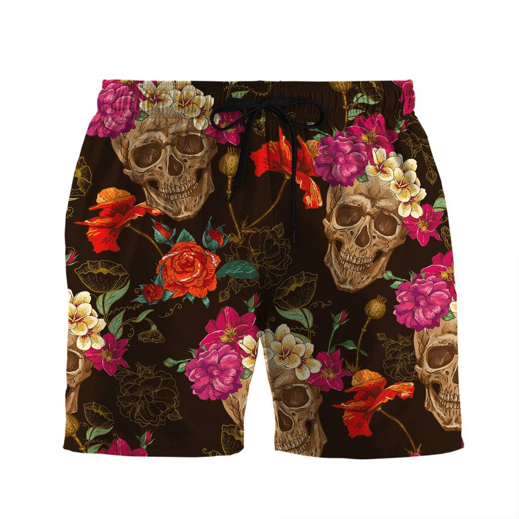 Skull Shorts Skulls and Flowers Graphic Beach Shorts Colorful