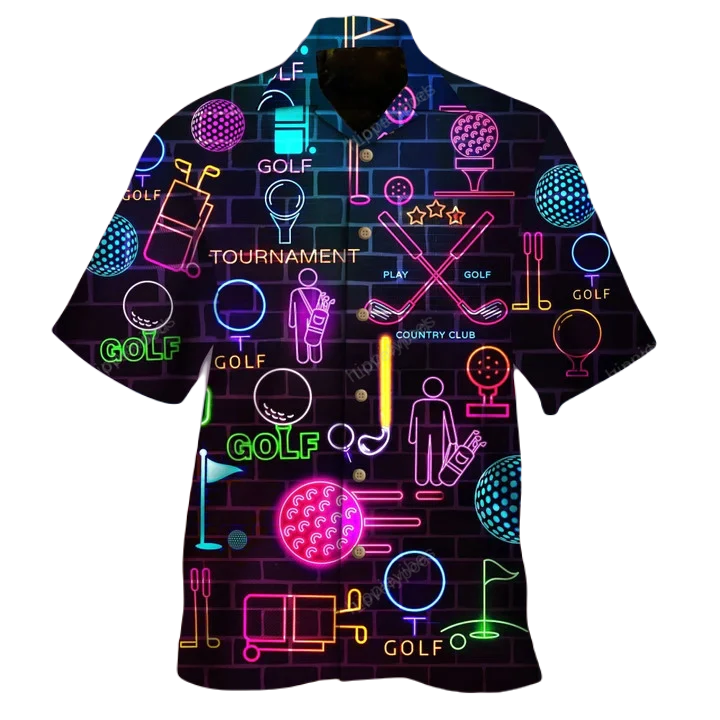 NoClaws Golf Hawaii Shirt Golf Country Club Equipments Neon Pattern Hawaiian Shirt Black Unisex