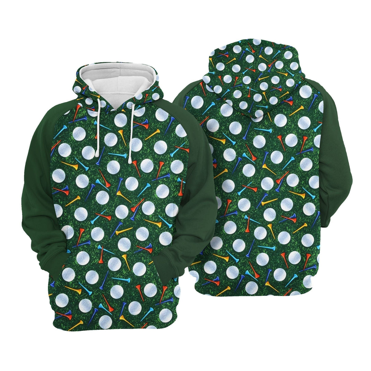 Golf Hoodie Golf Club And Balls On Grass Pattern Hoodie White Green Unisex